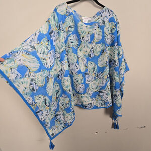 Chicos Womens Coastal Sheer Tassel Poncho L/XL Blue Beach Lightweight Oversized